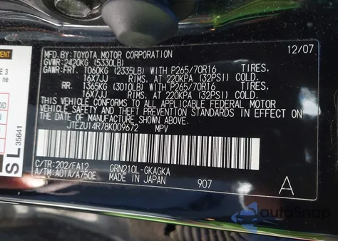 2008 Toyota 4Runner Sr5 V6 z USA, uszkodzony, nr VIN JTEZU14R78K009672